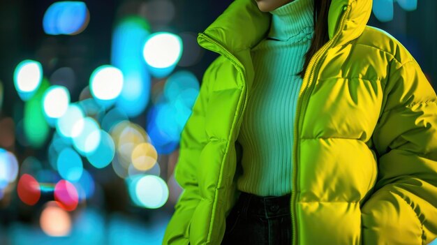 Make a statement in this vibrant neon green puffer jacket paired with a classic white turtleneck and