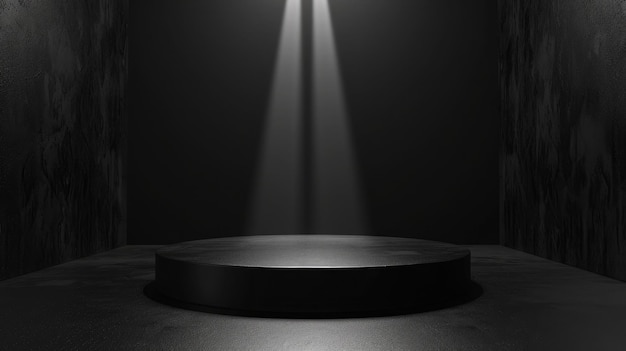 Make a statement with a dramatic black 3D podium highlighted in a dark moody atmosphere shining under a spotlight for bold product showcases 3d background podium