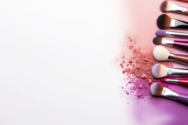 Make-up borstels en decoratieve cosmetica op een witte achtergrond top view Generative AI illustratie