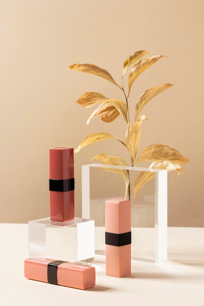 Make-up concept met lippenstift en plant