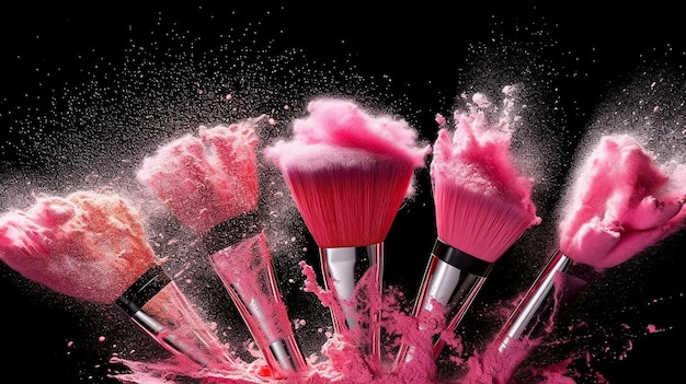 Make-up cosmetische borstels met poeder blush explosie op zwarte achtergrond