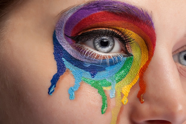 Make up dal colore arcobaleno che piange sugli occhi. moda sul palco make up. trucco estremo di bellezza. foto ravvicinata