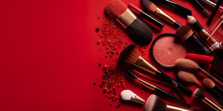 Make-up kwast en decoratieve cosmetica op een rode achtergrond met lege ruimte bovenaanzicht