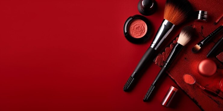 Make-up kwast en decoratieve cosmetica op een rode achtergrond met lege ruimte bovenaanzicht