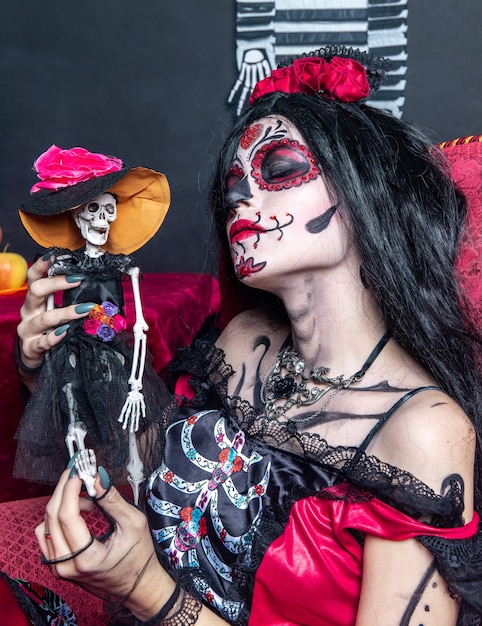 Make-up model with theme Mexican Day of the Dead in a study session in madrid, spain