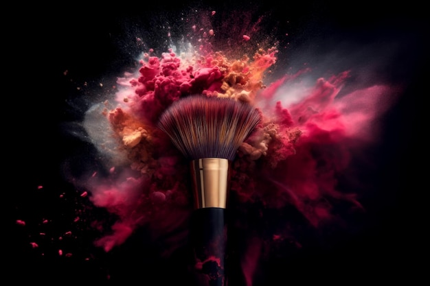Make-up penseel met kleurrijke poeder explosie of oogschaduw geïsoleerd in donkere achtergrond generatieve ai