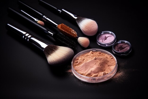 make up set soft makeup brushes and maskara on black