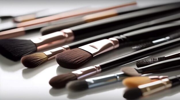 Make up set soft makeup brushes and maskara on whight background Generative AI