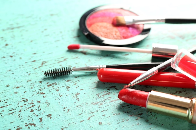 Make up set on wooden table closeup