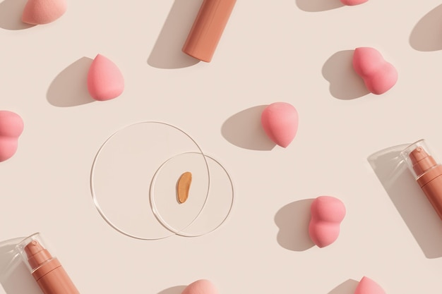 Make-up vloeibare foundation naakt crème cosmetische fles cosmetische stalen op glazen schijf beauty blender