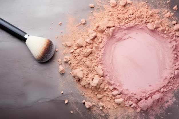 Make-upachtergrond met rond poeder en hulpmiddelen op roze en grijze tafelbladweergave