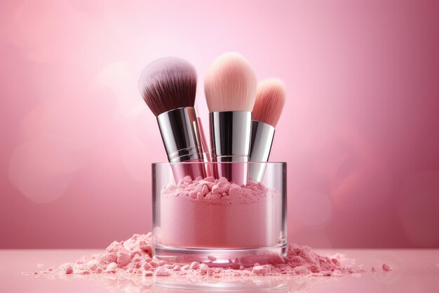 Foto make-upborstels make-up borstels in een pot met roze poeder losse poeder rood op heldere roze achtergrond
