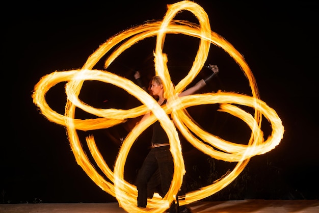 Make your event extraordinary Sensual girl perform infinite spirals in darkness Burning poi spinning Fire performance Holiday celebration Night party Blaze of lights Adding spark to any event