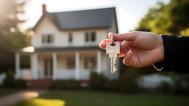 Makelaar geeft sleutels aan nieuwe eigenaar van een nieuw huis op de achtergrond Gemaakt met generatieve AI-technologie