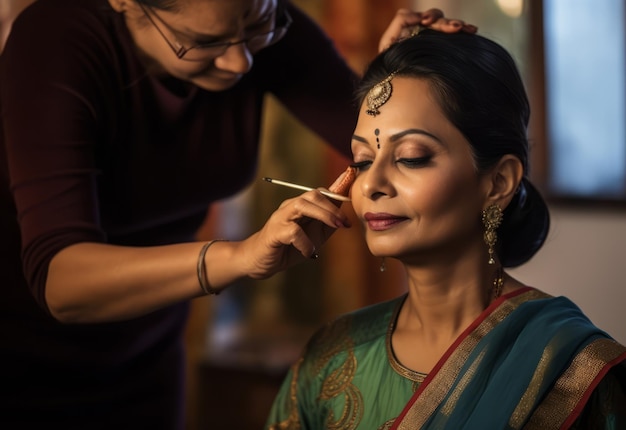 Makeup artist applies Indian lady