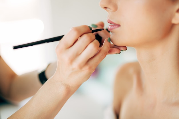 Makeup artist applies lipstick with a thin brush to the girls face closeup