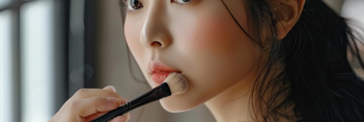 Photo 메이크업 아티스트는 푸더와 블러시를 적용합니다. 아름다운 아시아 여성 얼굴. 메이크업 마스터의 손은 <unk>에 블라시를 넣습니다. 미녀 모델, 메이크업 과정.