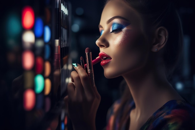 A makeup artist applies makeup to a model for a show