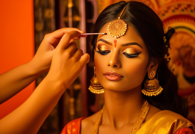 メイクアップ アーティストがブライダルウェアを着た若いインド人女性を適用します。