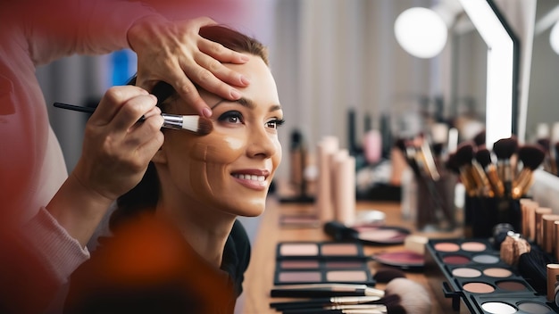 Makeup artist applying liquid tonal foundation on the face of the woman