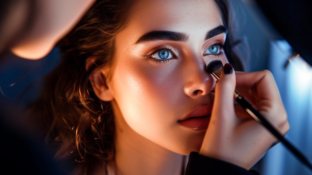 Makeup artist applying professional make up to beautiful young woman