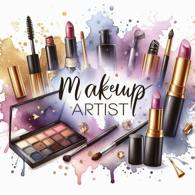 makeup artist logo graphic in ombre watercolor splash white background