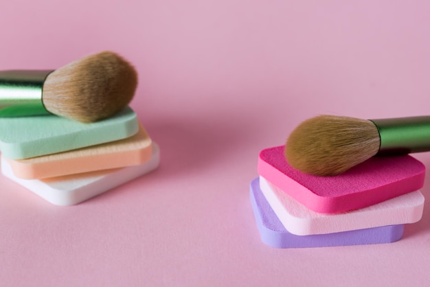 Makeup Artist's Tools in Pink Background Brushes for Powder Sponges for Concealer and Foundation
