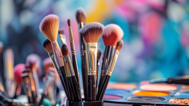 Makeup artists brushes and palette in a glamorous studio