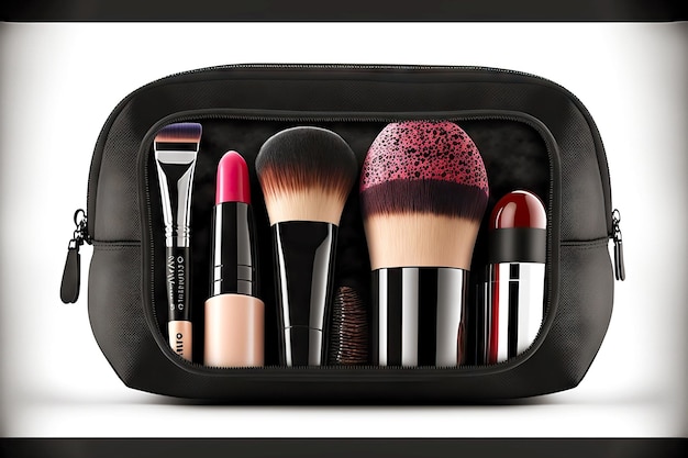 Photo makeup bag with lipstick cosmetic powder foundation eyeshadow brushes and mascara