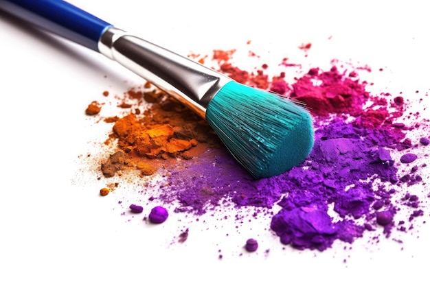 Pennello per il trucco e polvere cosmetica colorata su sfondo bianco ai generativo