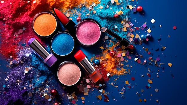 makeup brush and colorful powder on a dark background