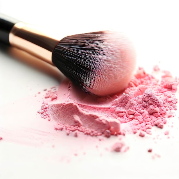 Makeup brush and pink cosmetic powder on white background