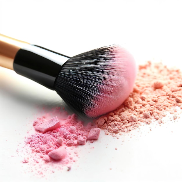 Makeup brush and pink cosmetic powder on white background