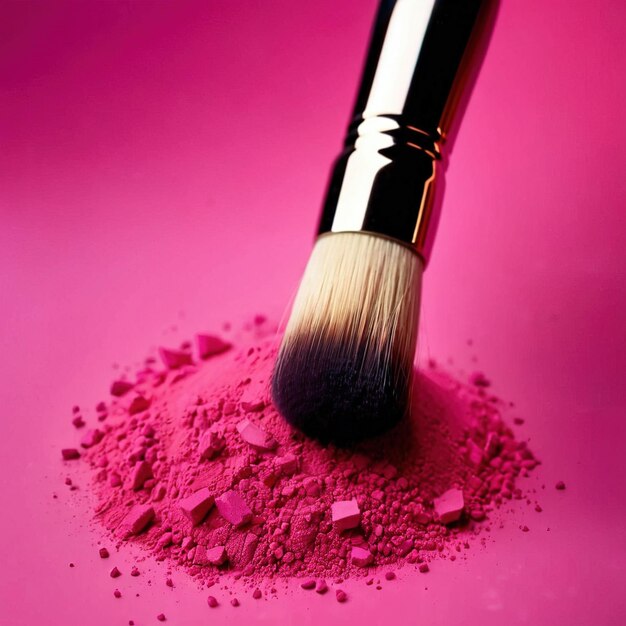 Foto pennello di trucco su polvere di trucco rosa cosmetico per il viso blusher rouge