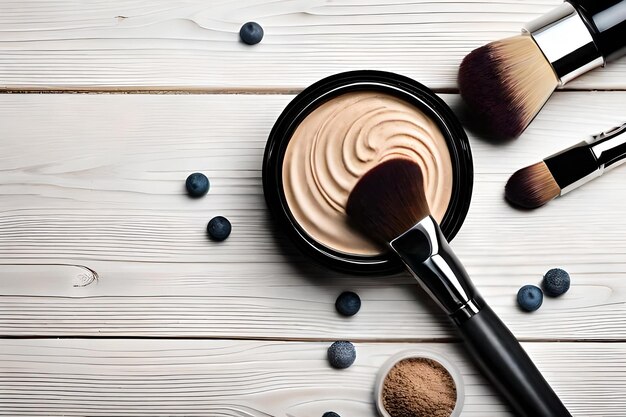 A makeup brush with blueberries and blackberries on a wooden background