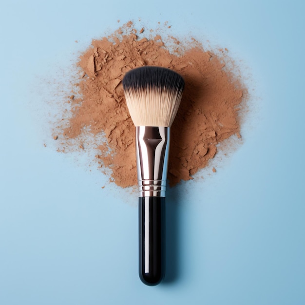 Makeup brush with brown powder on blue background