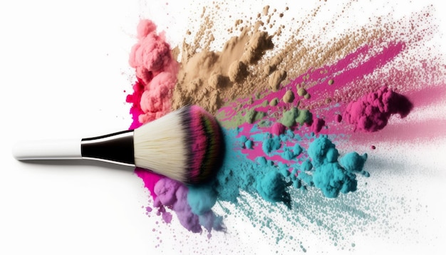 Makeup brush with colorful powder dust explosion Generative ai