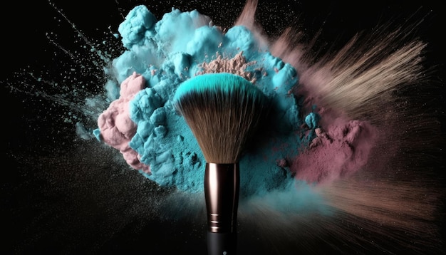 Makeup brush with colorful powder dust explosion Generative ai