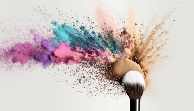 Makeup brush with colorful powder dust explosion Generative ai