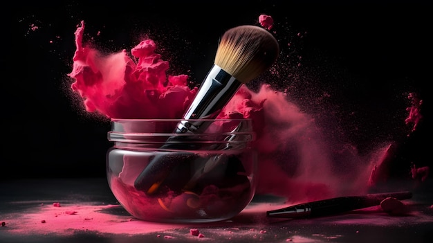 Foto pennello per il trucco con vernice rosa e polvere rosa in un barattolo