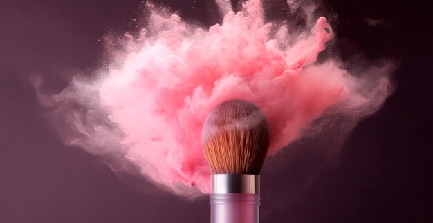 Makeup brush with pink powder explosion AI generated image