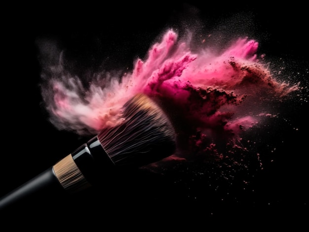 Makeup brush with pink powder explosion on black background Generative Ai