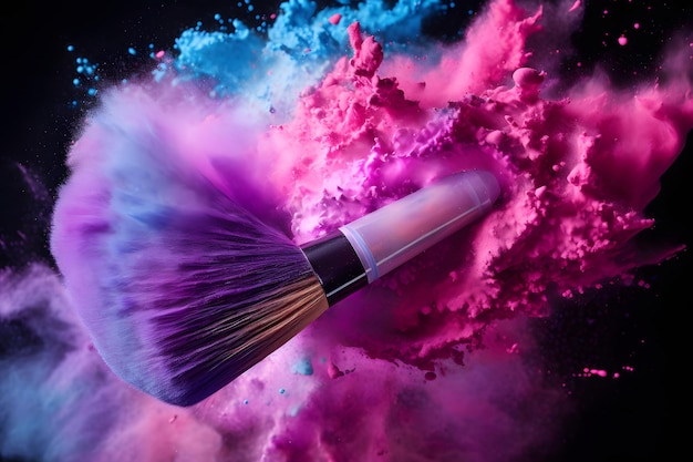 Makeup brush with pink and purple powder explosion colourful beauty splash closeup of cosmetic pro