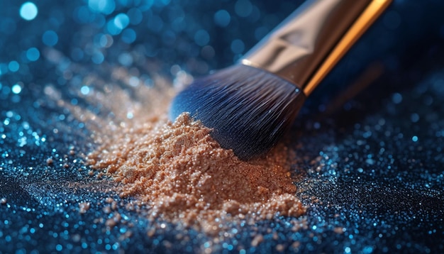 Makeup brush with powder on a dark blue background