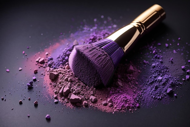 暗い背景に紫色の粉塵が付いた化粧ブラシ