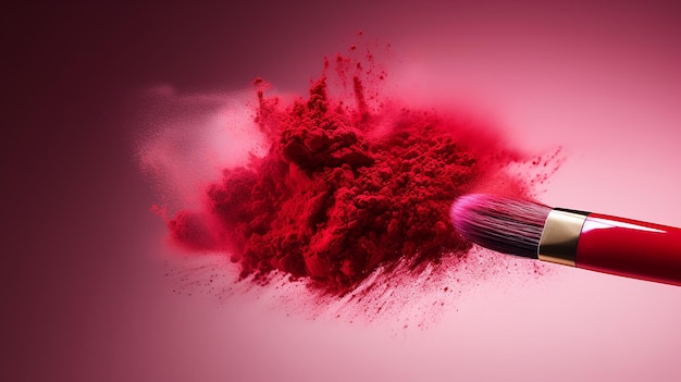 makeup brush with red powder isolated on pink background