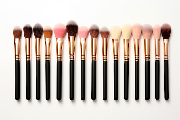 Makeup brushes arranged on white background