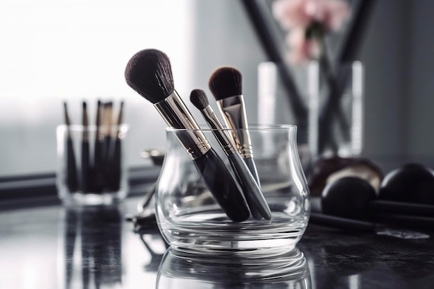 Makeup brushes in a glass Clean professional makeup brushes set for makeup artist cosmetics make up theme AI generated