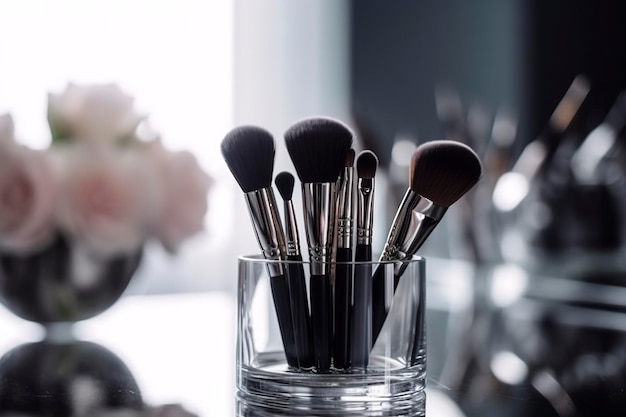 Makeup brushes in a glass Clean professional makeup brushes set for makeup artist cosmetics make up theme AI generated