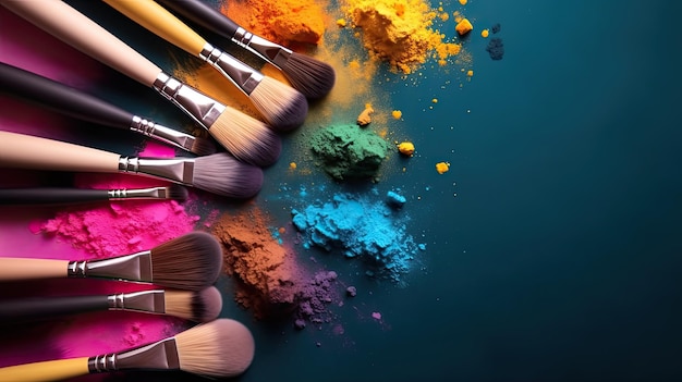 Makeup brushes and powder on colorful background top view